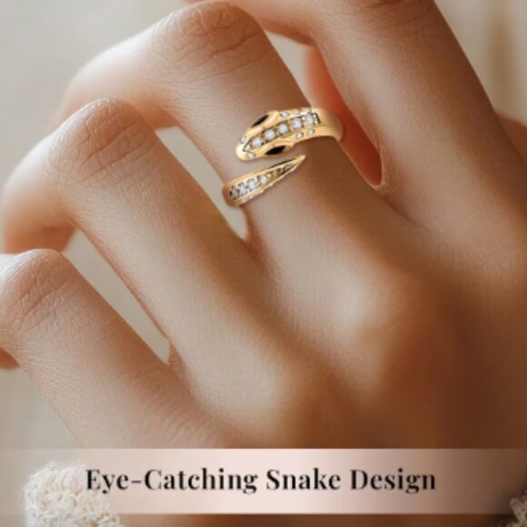 Black Glass and Simulated Diamond Snake Ring in ION Plated YG Stainless Steel - Picture 3 of 5